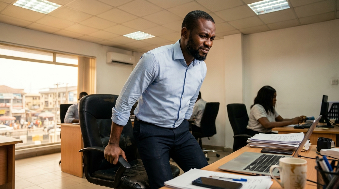 Nigerian office worker standing up from desk with lower back pain