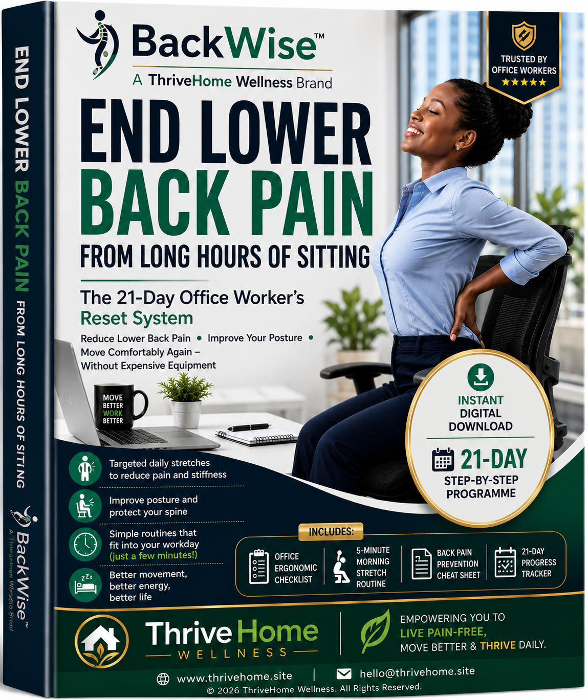 Nigerian office worker standing up from desk with lower back pain